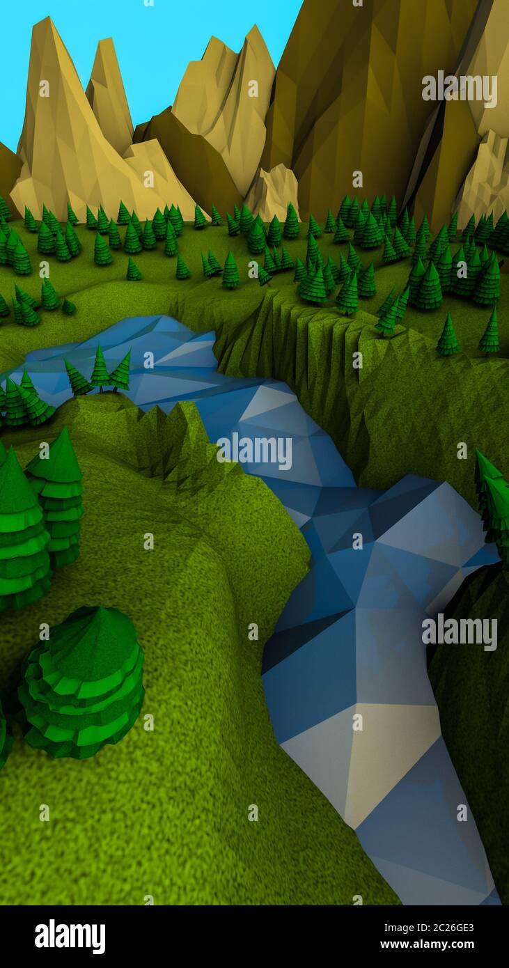 Low poly landscape with trees. 3d render illustration Stock Photo