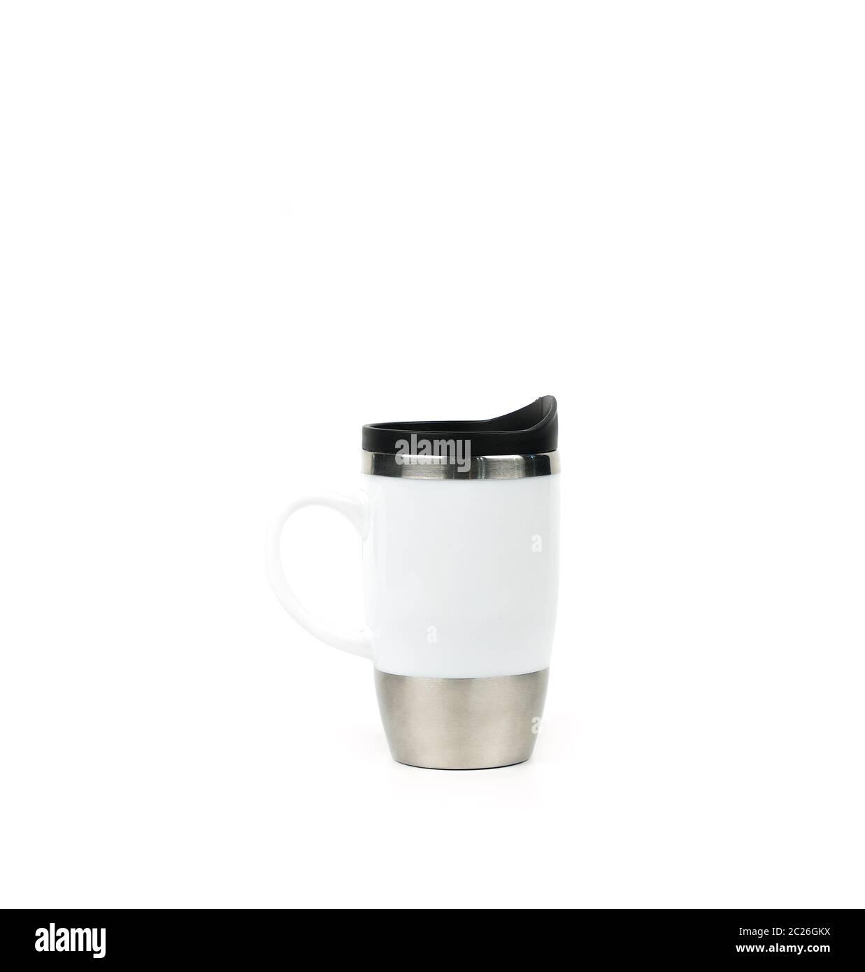 White thermos stainless steel ceramic glass with handle isolated on