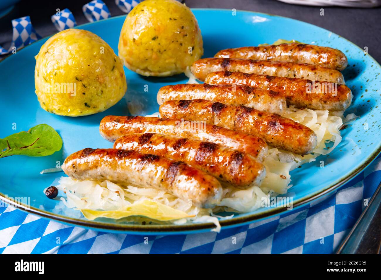 thuringian bratwurst with sauerkraut and dumplings Stock Photo