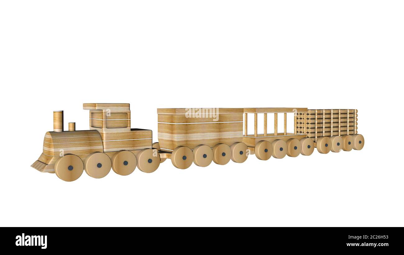 wooden train with wagons on a white. 3D rendering Stock Photo
