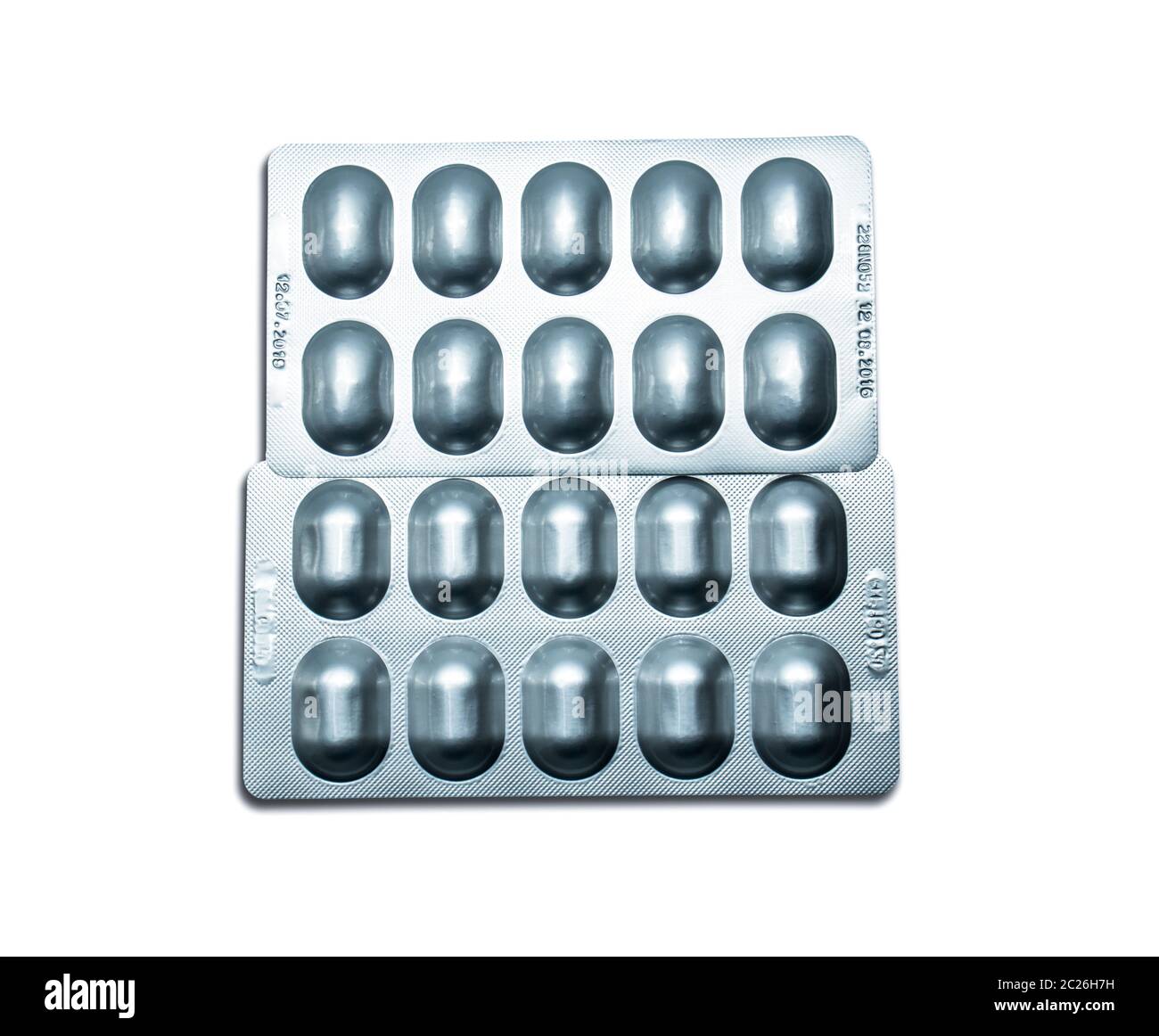 Silver aluminium foil blister pack isolated on white background