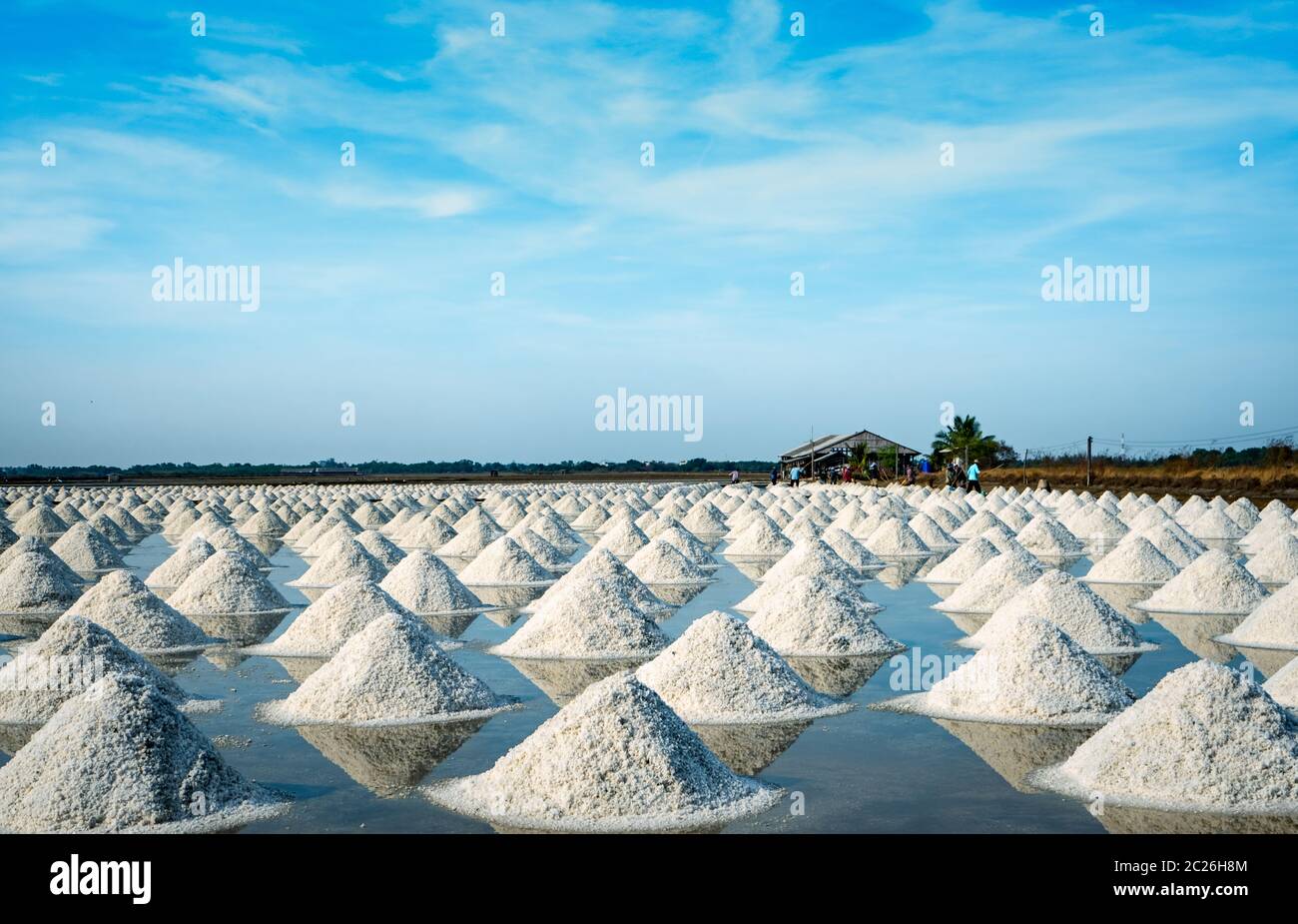 Sea salt farm and barn in Thailand. Organic sea salt. Raw material of