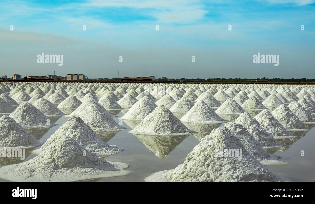 Sea salt farm and barn in Thailand. Organic sea salt. Raw material of