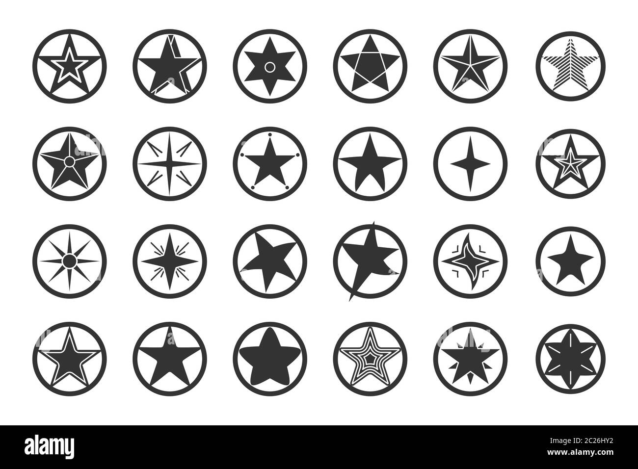 Star black in circle icon set. Abstract template different shape stars.  Empty starry sign design logo.