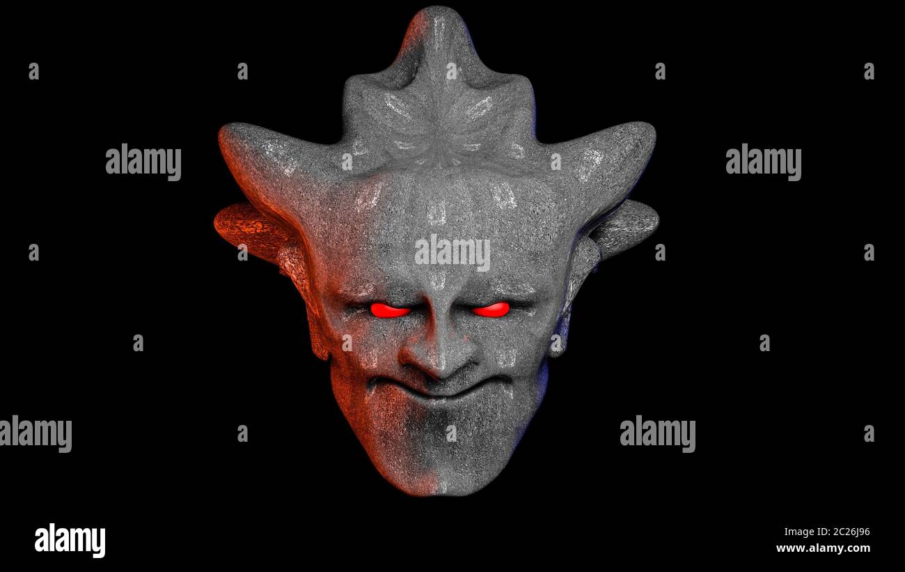 head of a demon with red eyes. illustration on black background. 3D ...