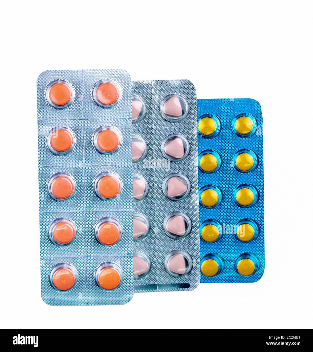 Diclofenac in blister pack isolated on white background. Drug with round and triangle shaped in pack. Film coated tablets. Orange, yellow, and pale pi Stock Photo