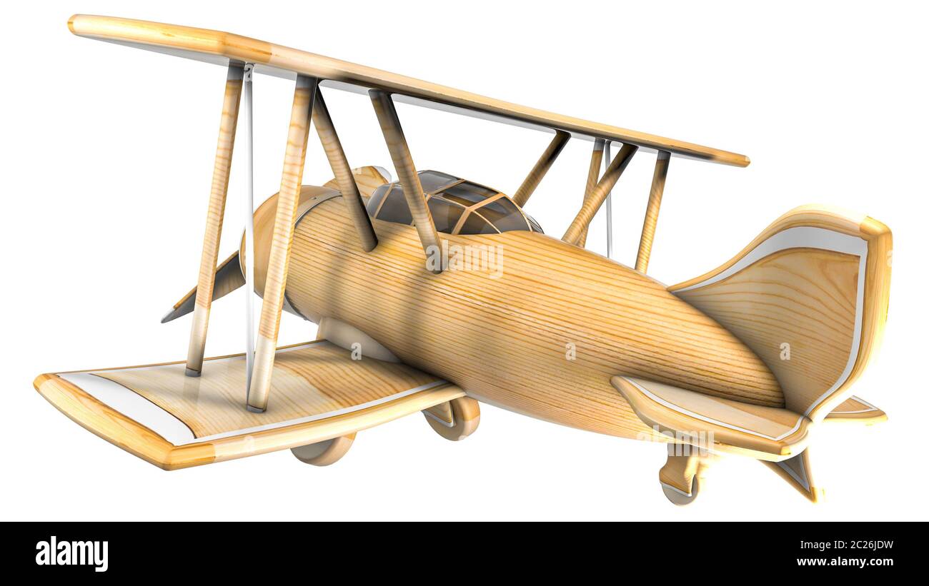 wooden airplane on a white background. biplane model. 3D rendering
