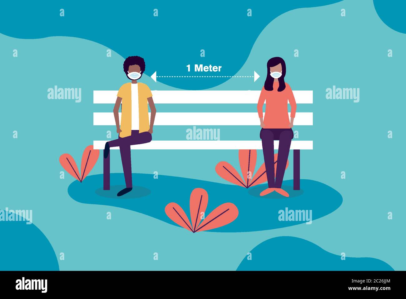 Social distancing between boy and girl with masks on bench design of ...