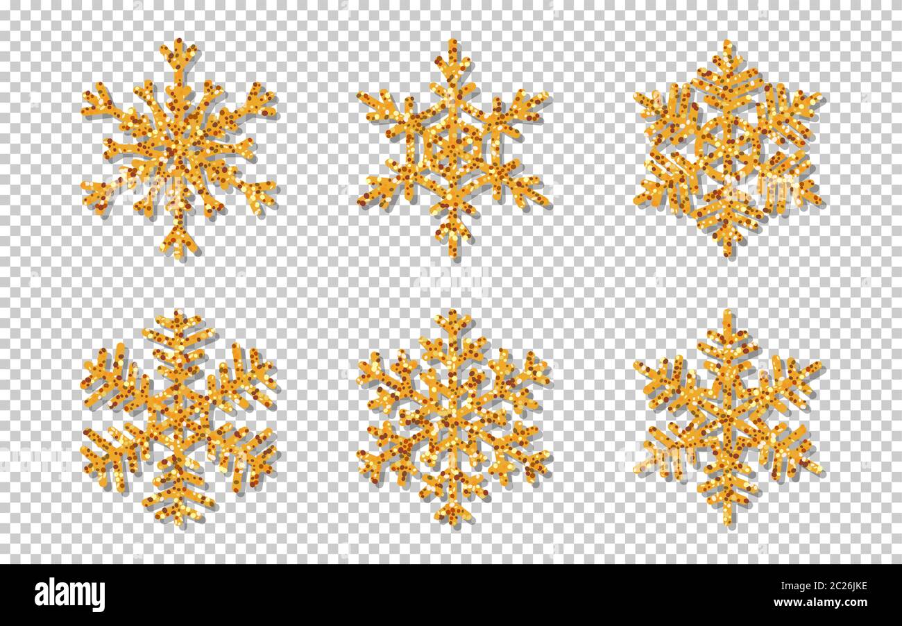 Set of snowflake with gold glitter texture. Icon crystal ice with shining sparkling gold light effect. Christmas glittering decoration differnt shape. Vector illustration on transparent background Stock Vector