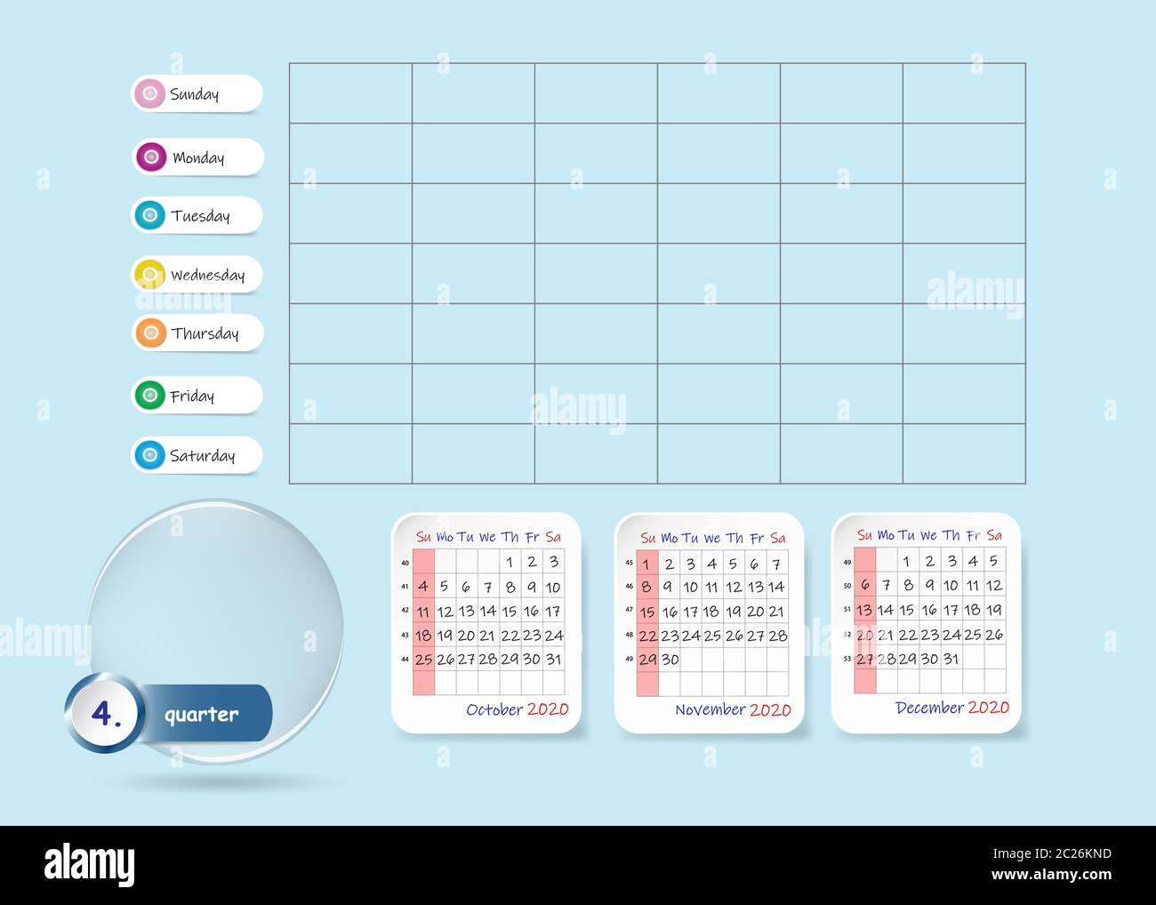 Calendar for fourth quarter of 2020 year with weekly planner chart and