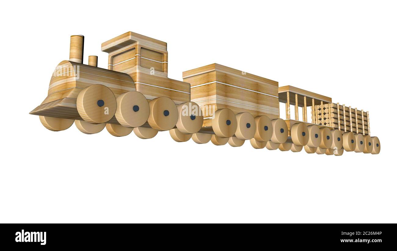 wooden train with wagons on a white. 3D rendering Stock Photo