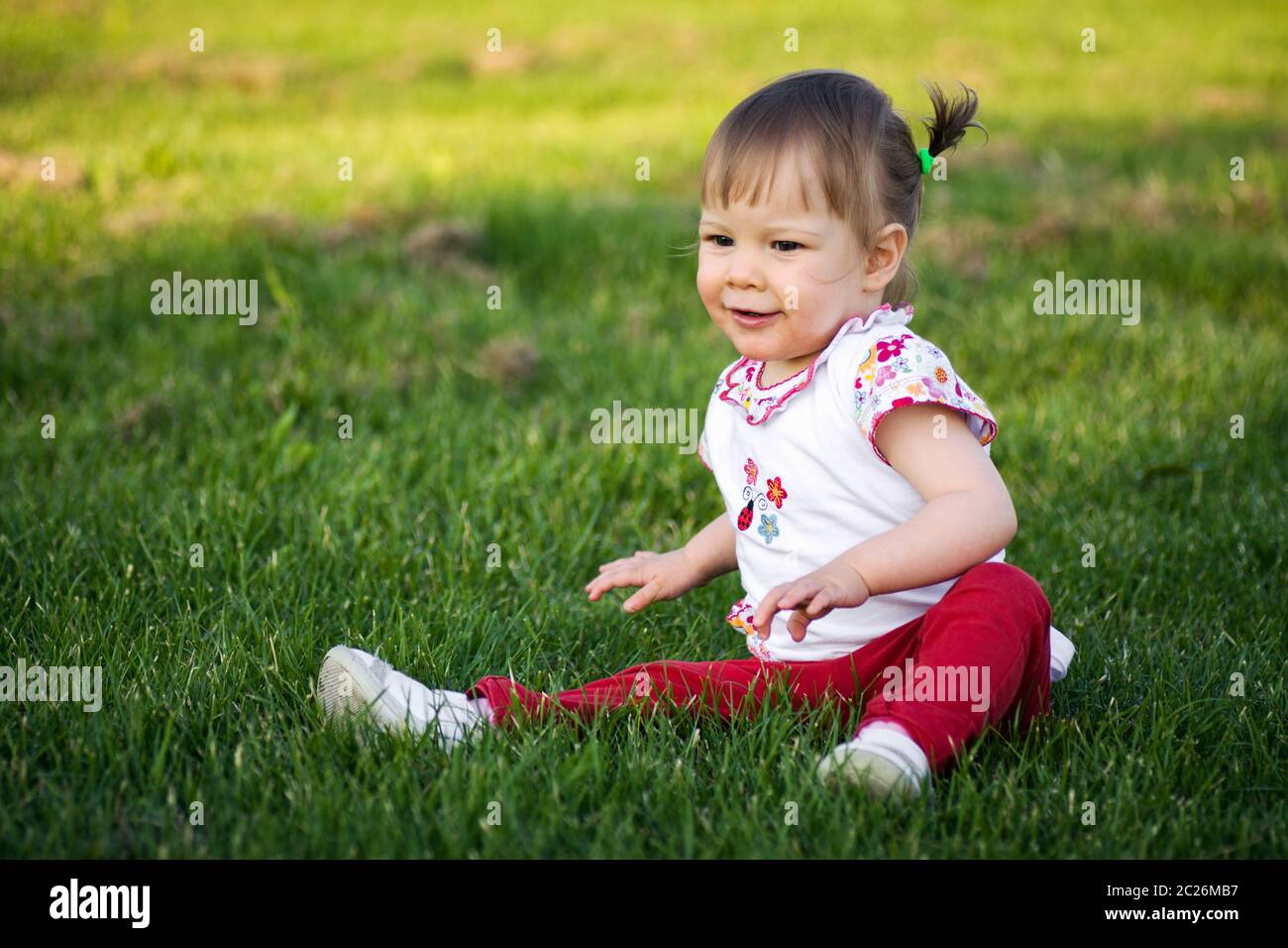 The cute little girl is playing outdoors on the grass Stock Photo - Alamy