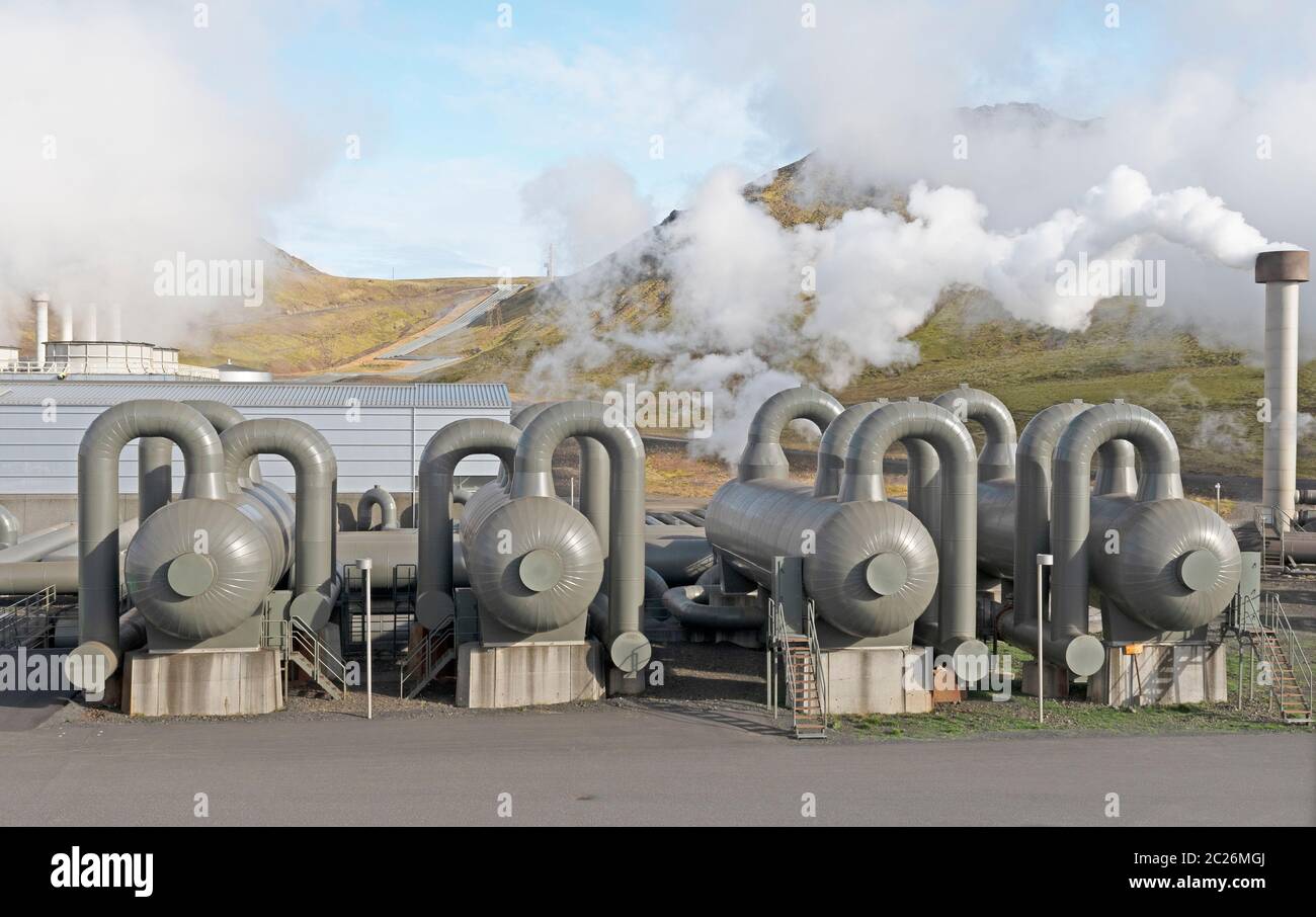 Steam Separators at a Geothermal Energy Plant in Iceland Stock Photo