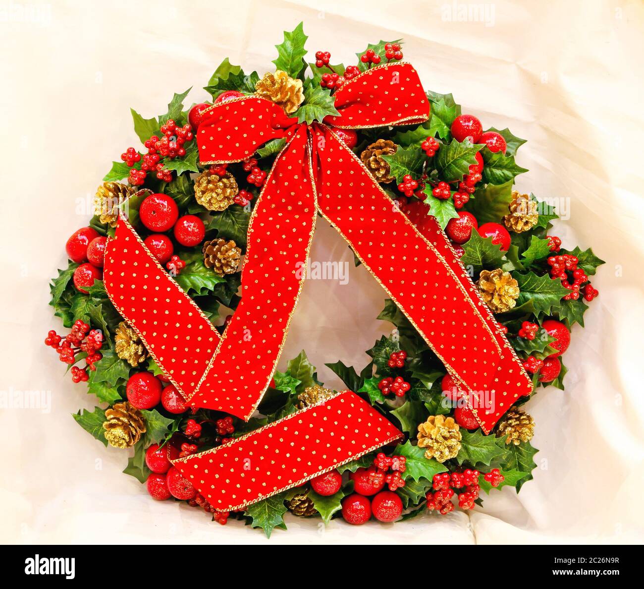 Christmas Wreath Decoration With Big Red Bow Stock Photo - Alamy