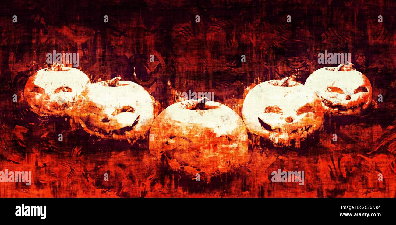 Grunge Halloween Background with Evil Grinning Pumpkins Stock Photo