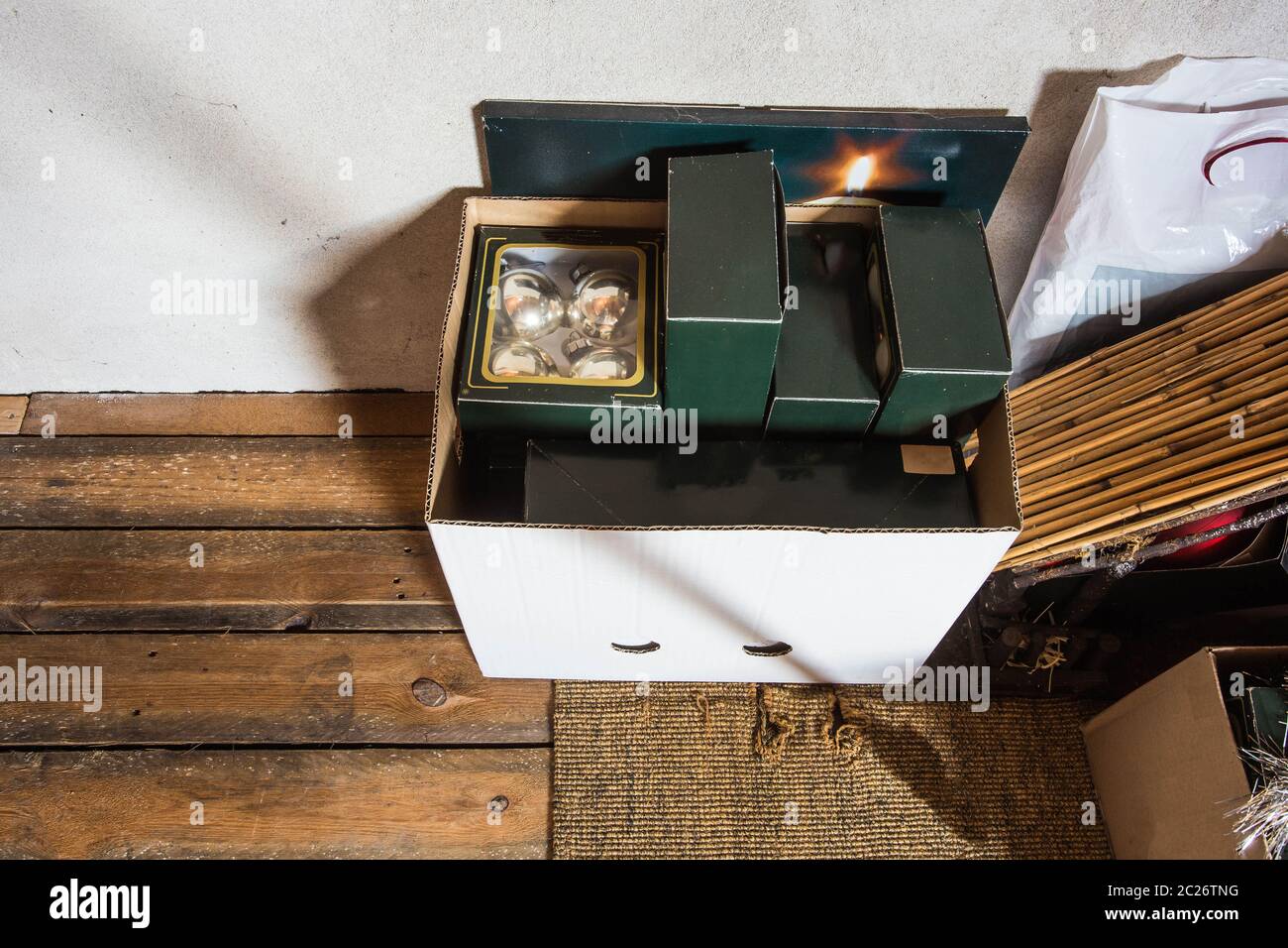 Christmas stuff stored in boxes in the attic ready for a new christmas ...