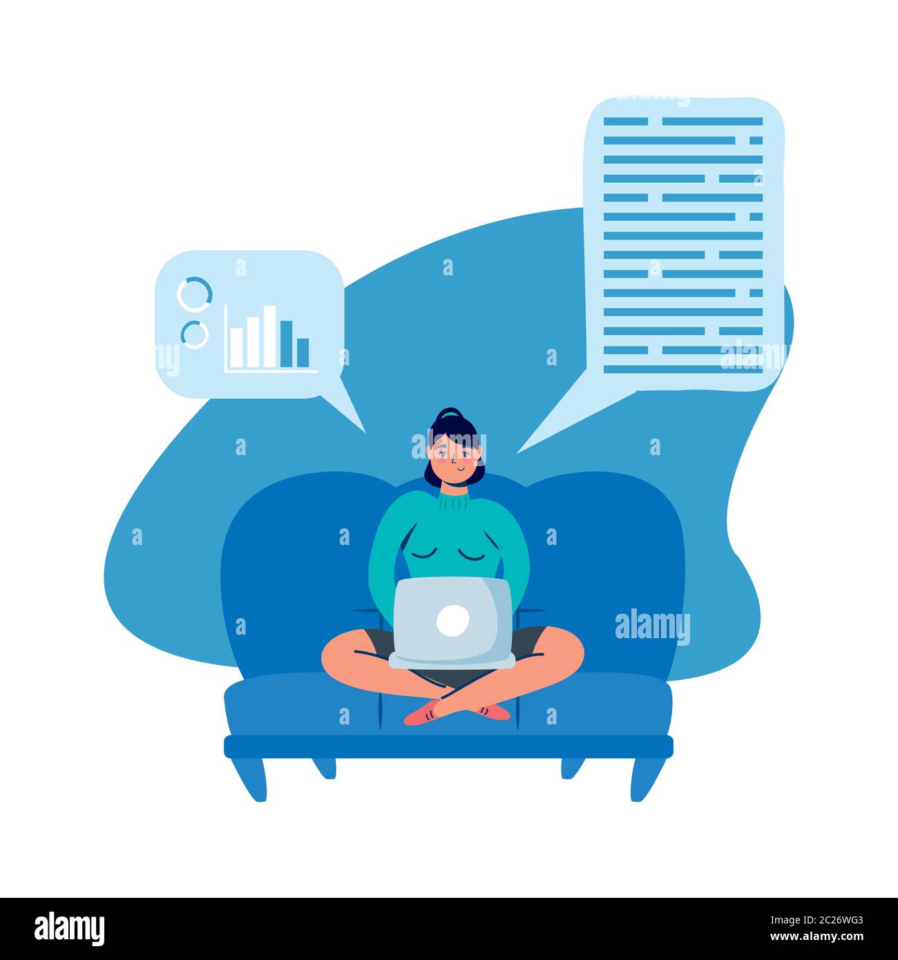 Woman with laptop on couch design of Work from home theme Vector ...