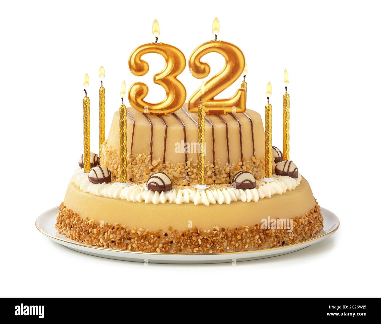 Festive cake with golden candles - Number 32 Stock Photo