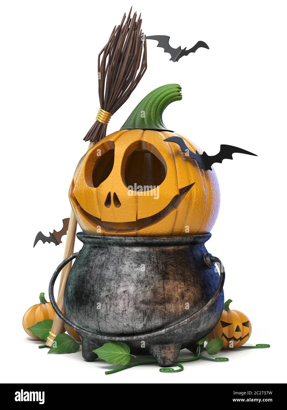 Halloween pumpkin, witch broom and bats 3D Stock Photo