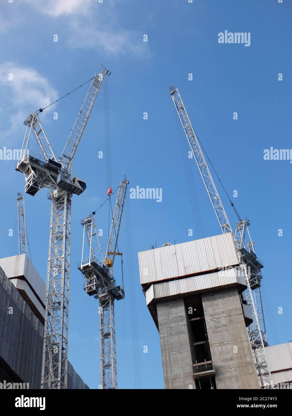 construction cranes working in a large development site with concrete large structure Stock Photo