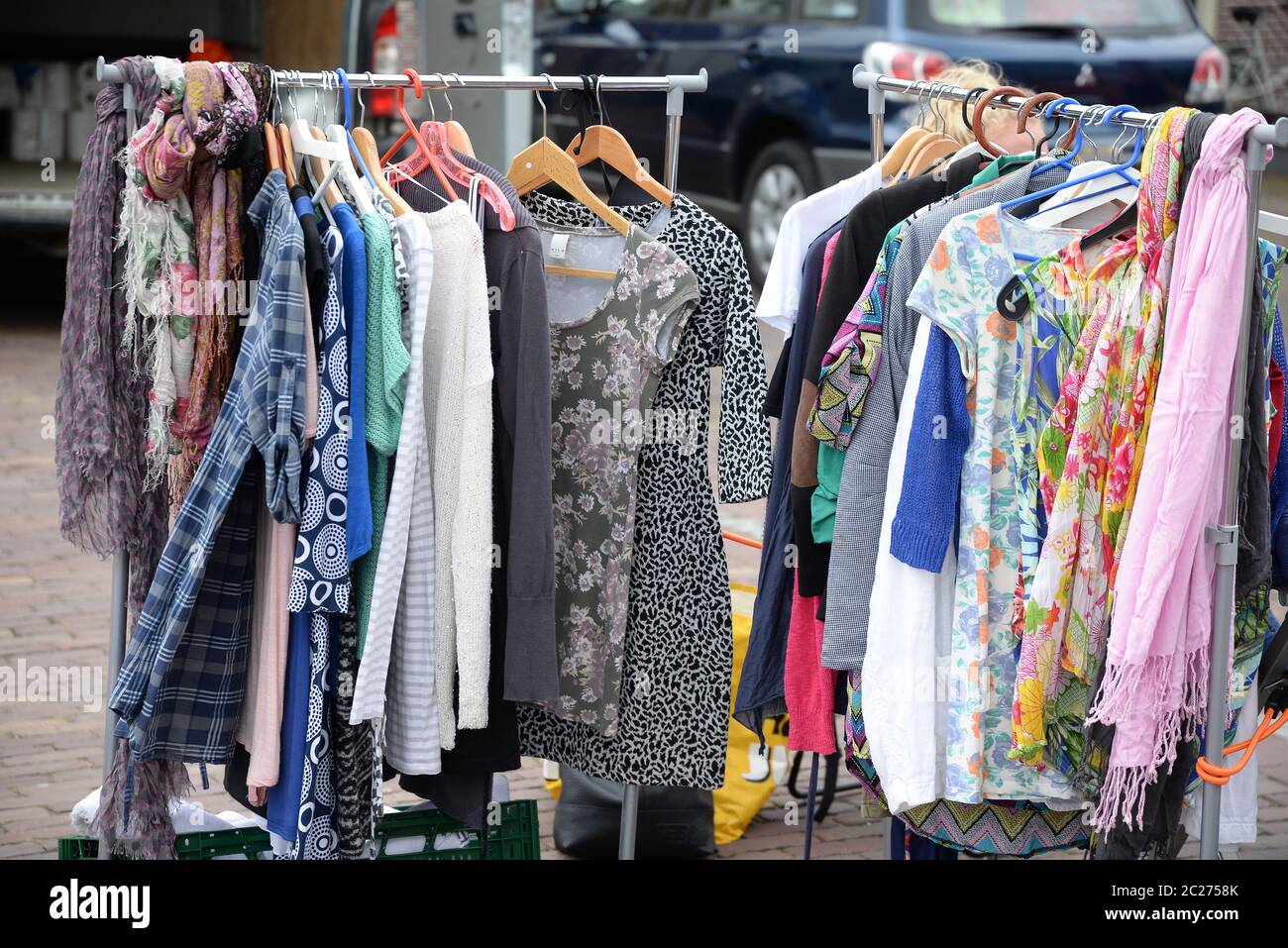 Clothes on a flea market Stock Photo