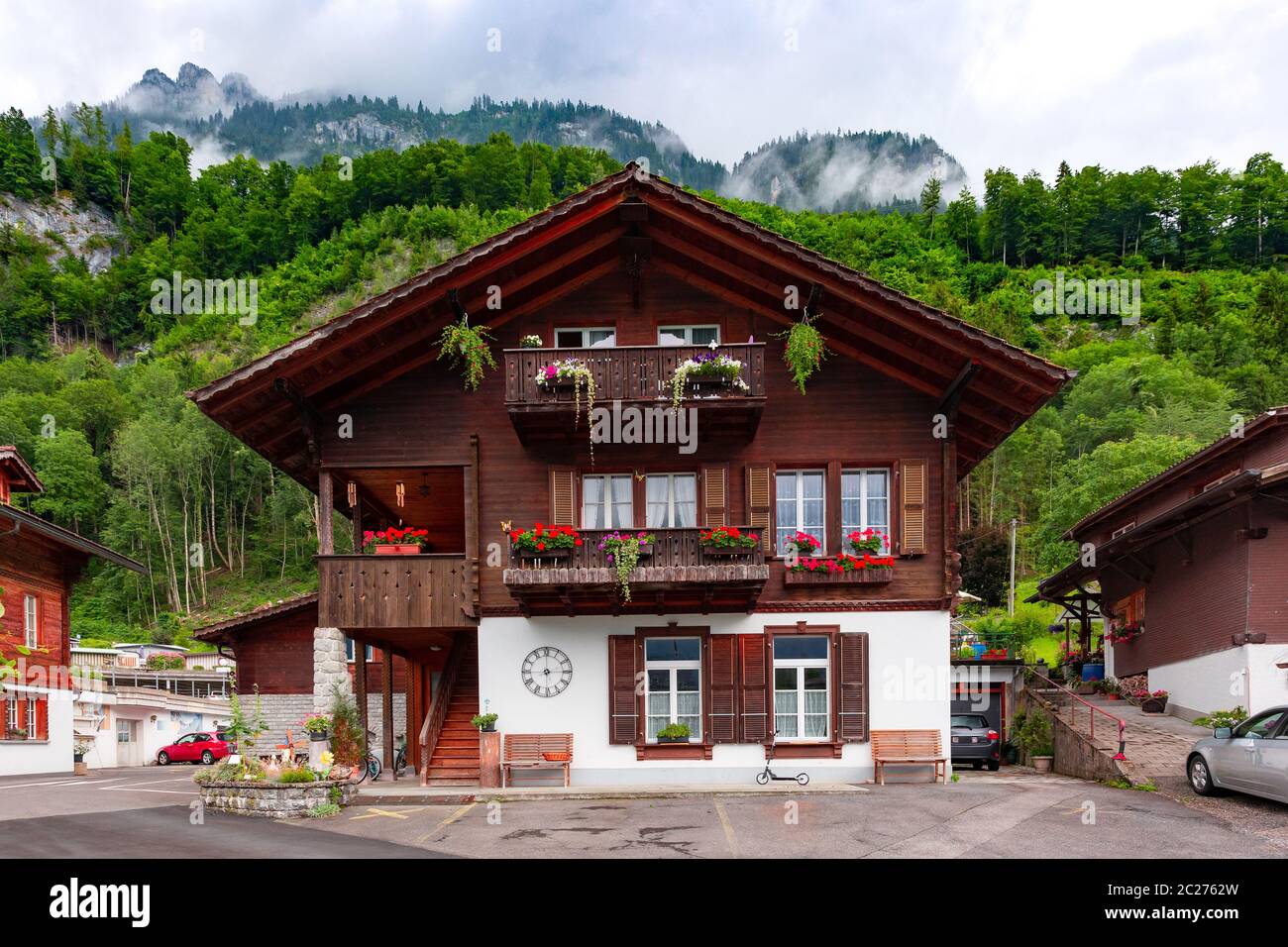 Traditional wood house in swiss village Iseltwald, Switzerland Stock