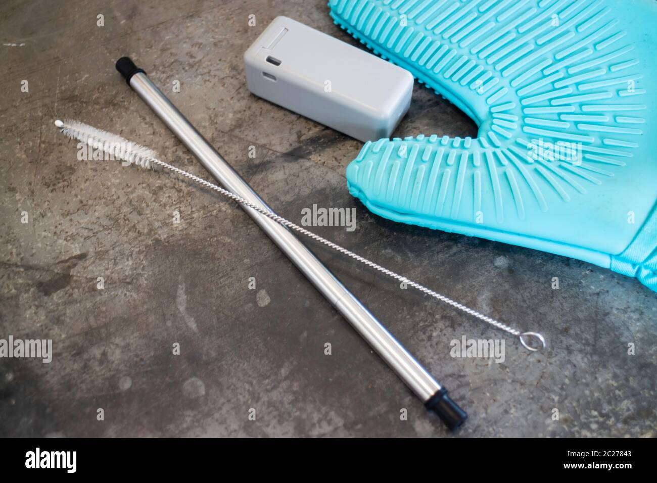 Reusable collapsible drinking straw and folding box, stock photo Stock Photo