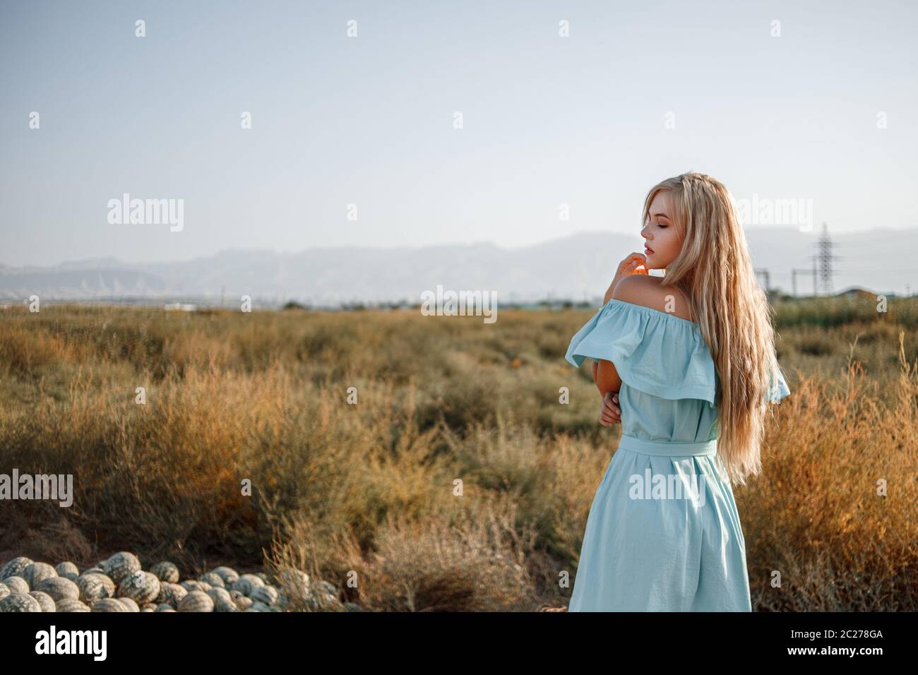 portrait of a young beautiful caucasian blonde girl in a light blue ...