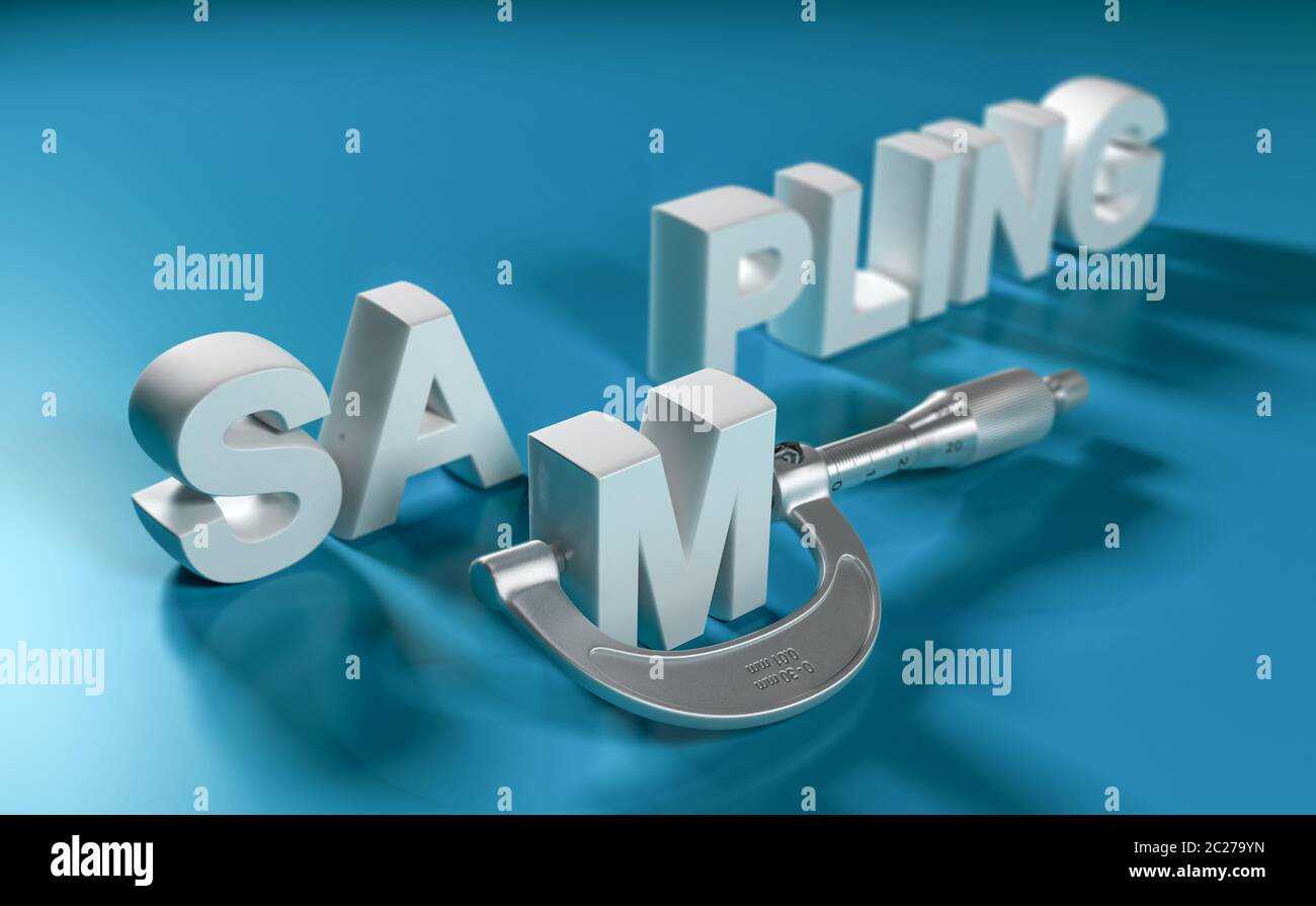 Word sampling written in 3d with a micrometer over a blue background ...