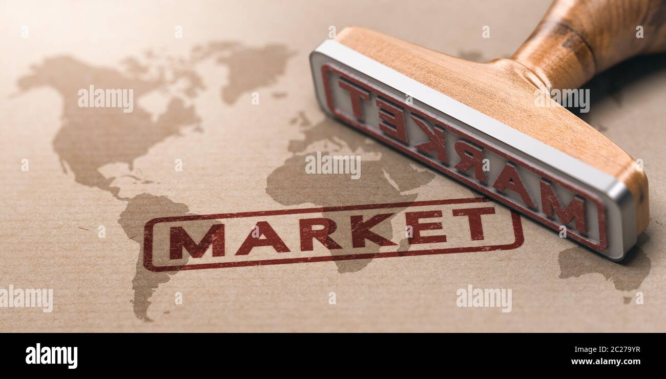 3D illustration of a rubber stamp over paper background with a world map watermarked. Concept of global market or international business development Stock Photo