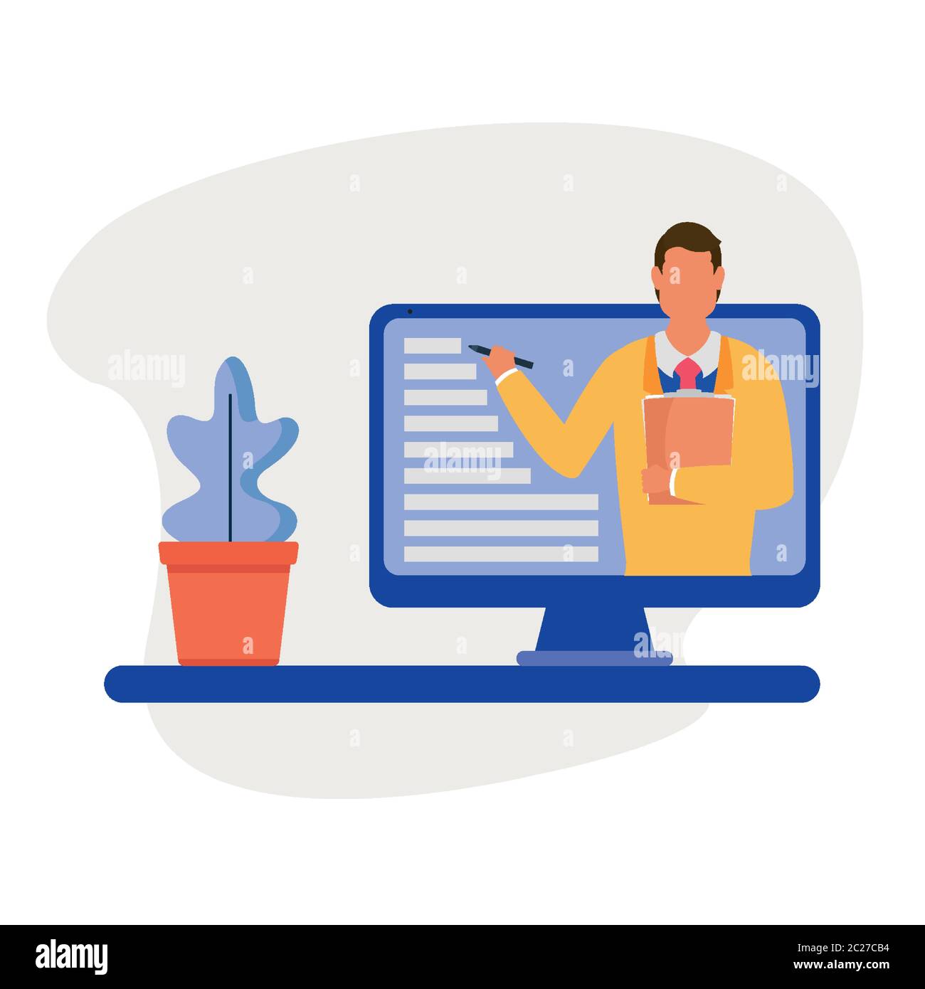Man on computer and plant inside pot design of Work from home theme ...