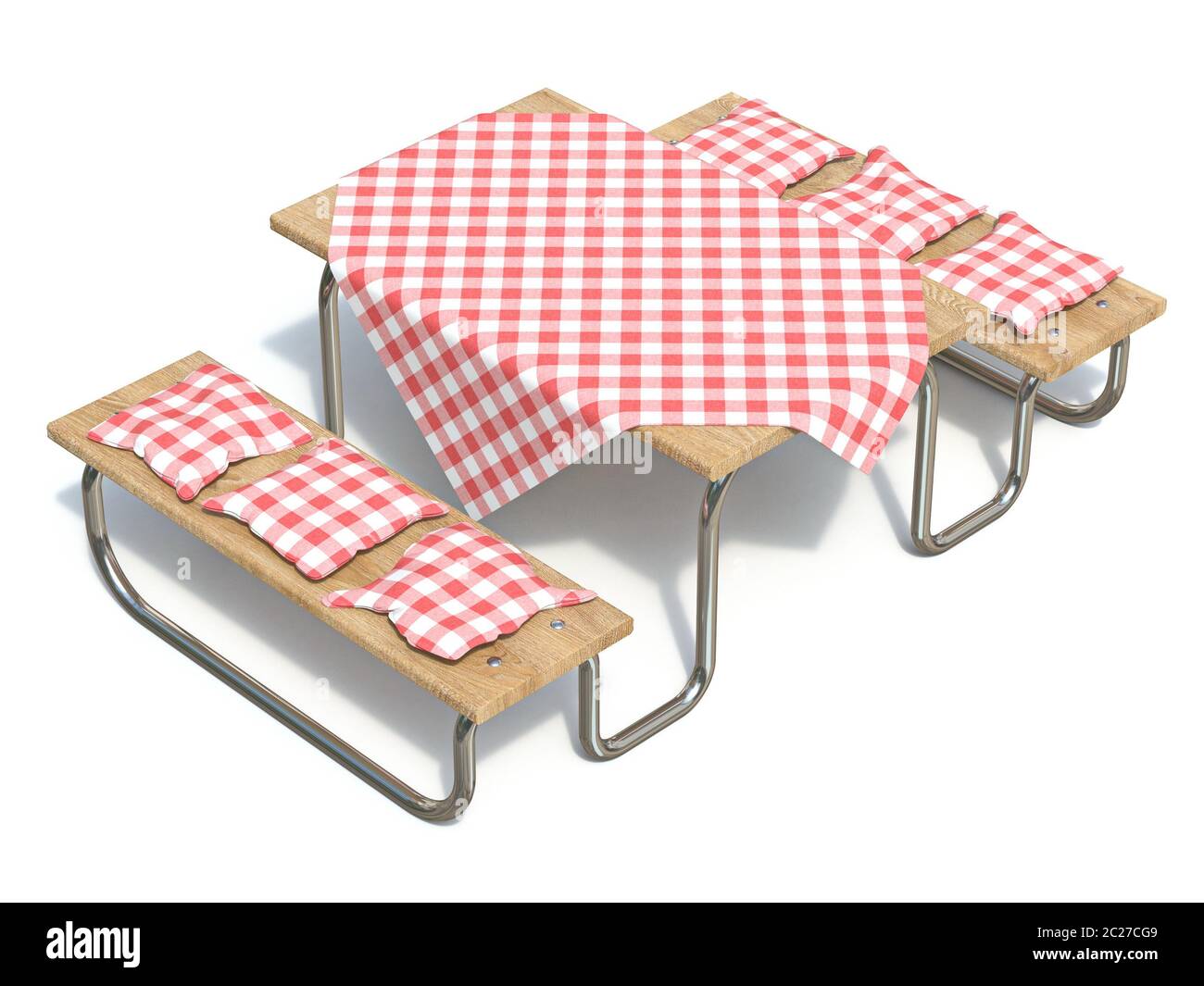 Wooden picnic table with red table cover and pillows 3D Stock Photo Alamy