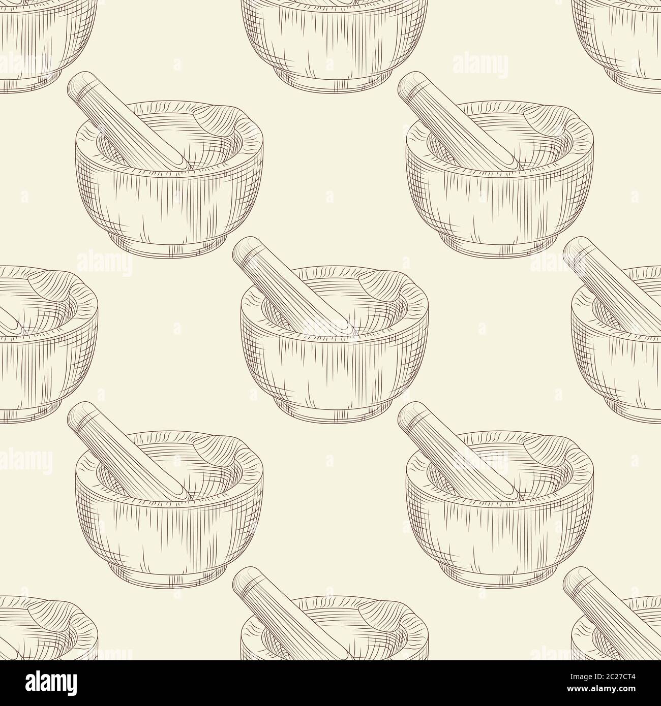 Mortar and pestle seamless pattern. Grinding spices and solid food ingredients wallpaper. Engraving vintage style. Vector illustration. Stock Vector