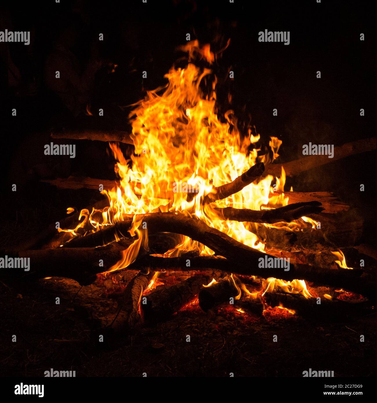 Hot campfire place full of crackling fire wood. Stock Photo
