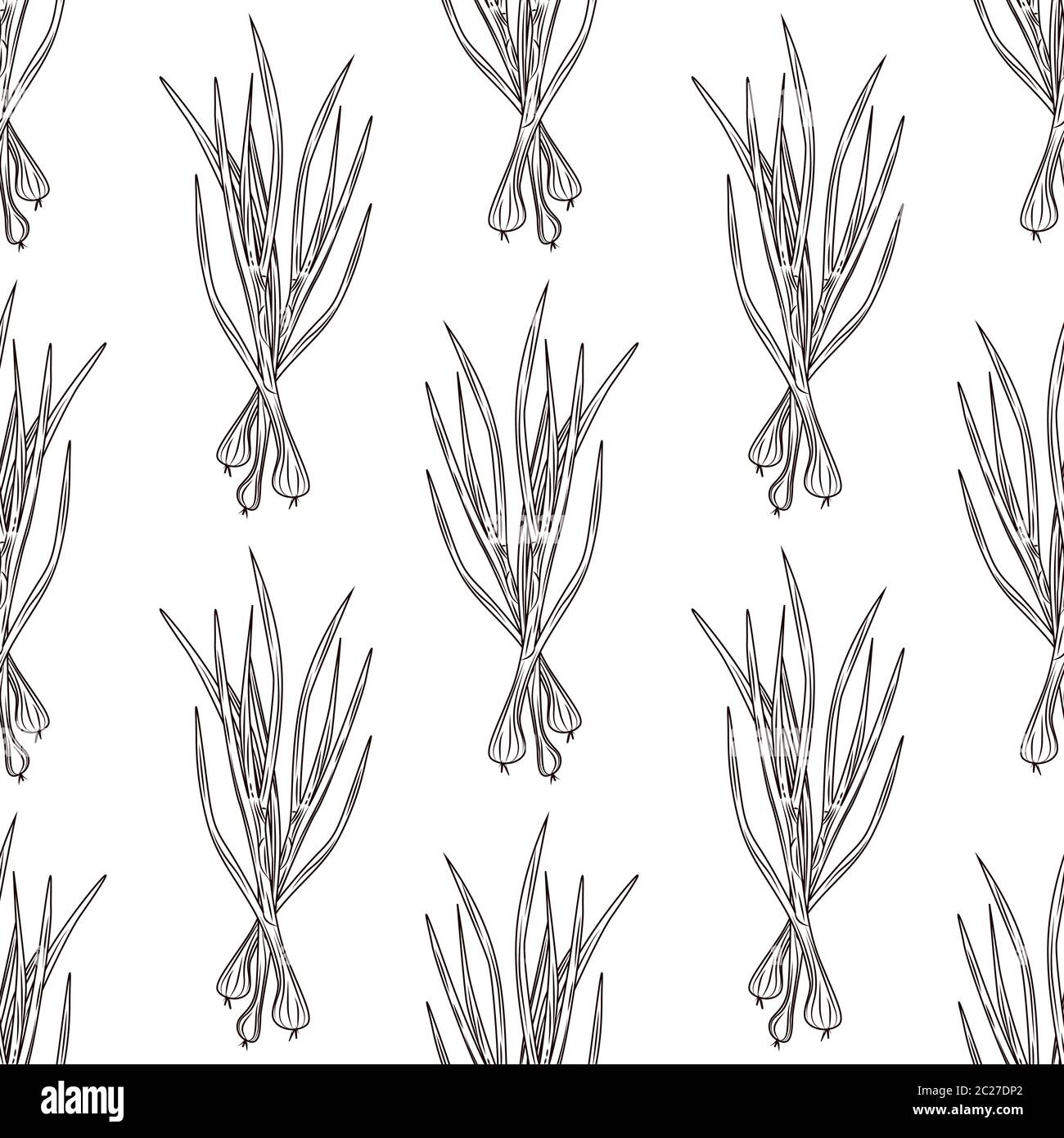 Green onion ink sketch seamless pattern on white background. Monochrome food ingredient backdrop
