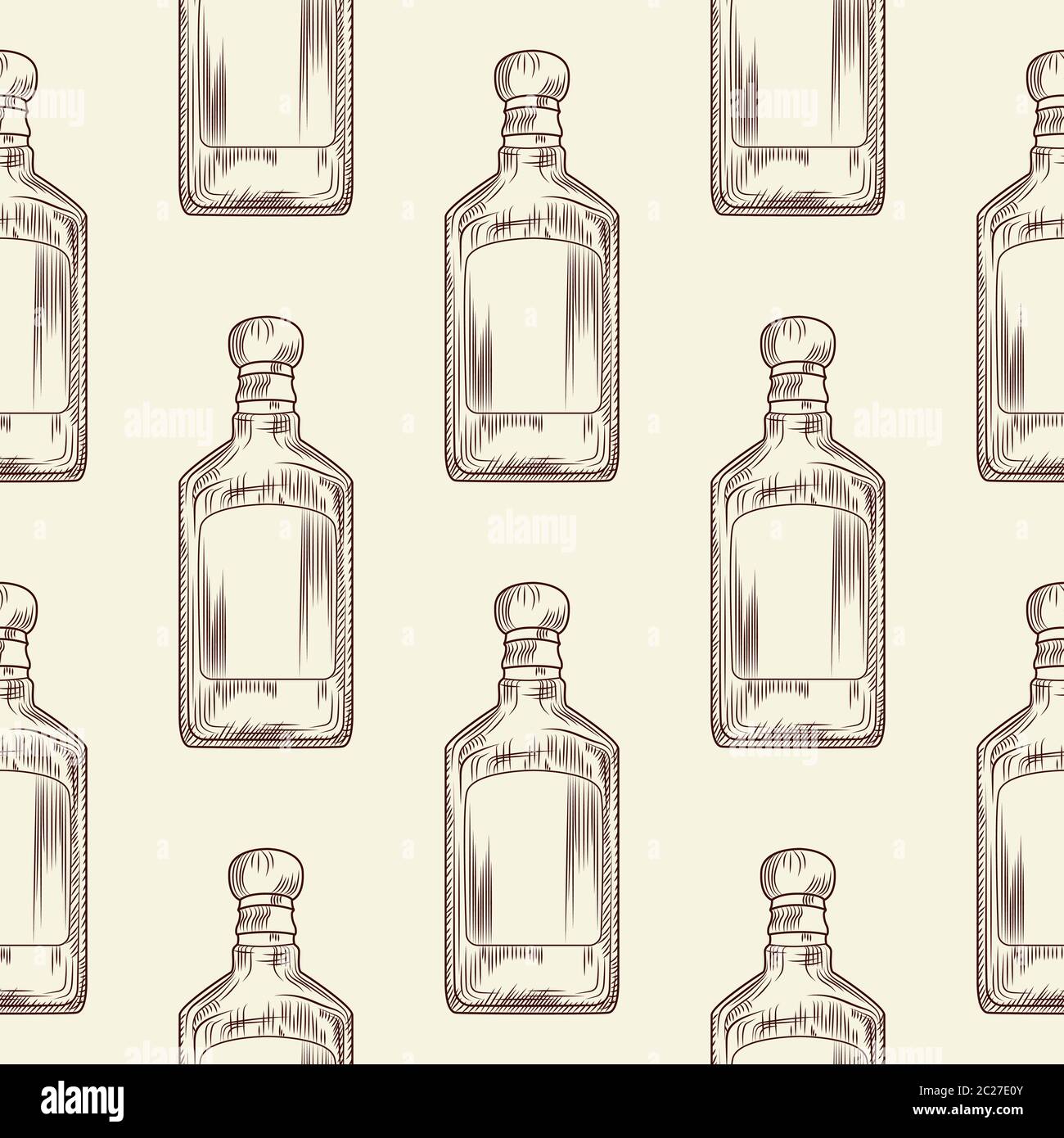 Tequila bottle seamless pattern. Traditional Mexican alcoholic drink wallpaper. Vintage engraved style. Hand drawn design. Vector illustration. Stock Vector