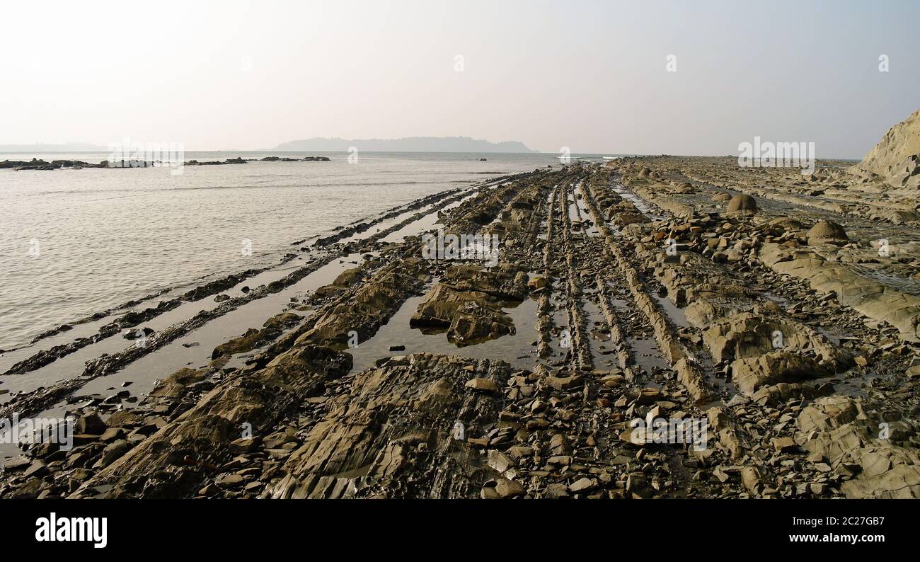 Panorama of rocky shore Ngapali beach in Myanmar Stock Photo