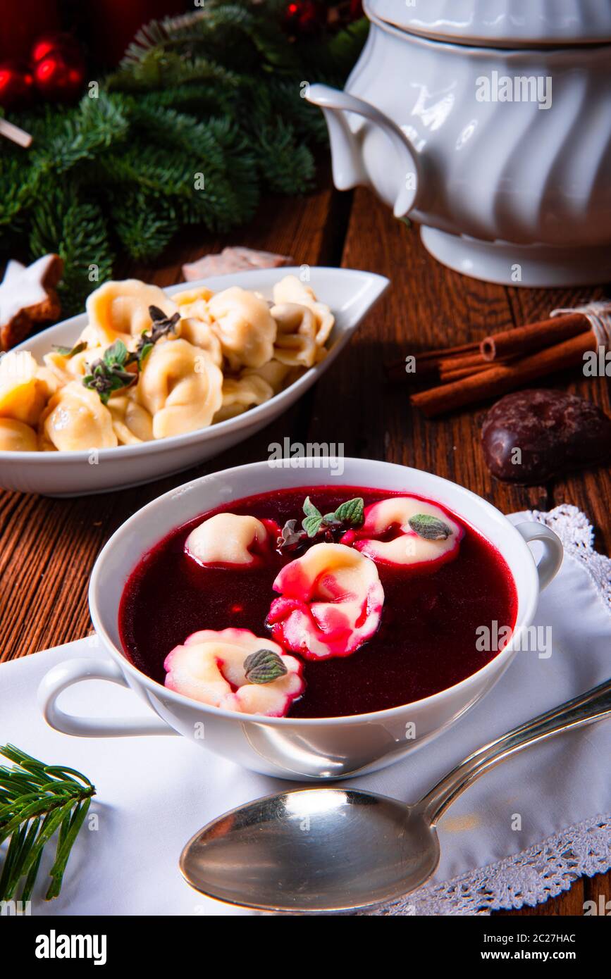 traditional Polish Christmas Eve borscht with dumplings Stock Photo