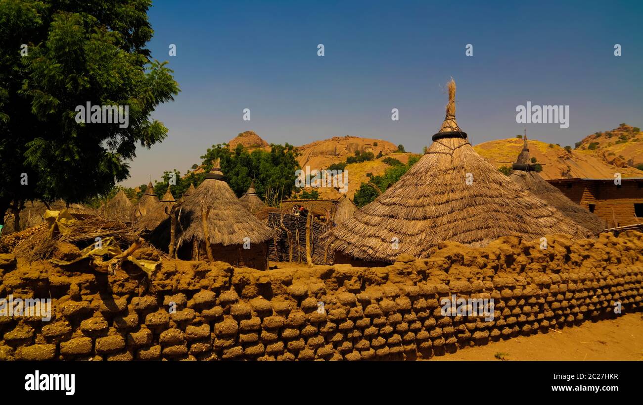 Lanscape with Mataya village of sara tribe people, Guera, Chad Stock Photo