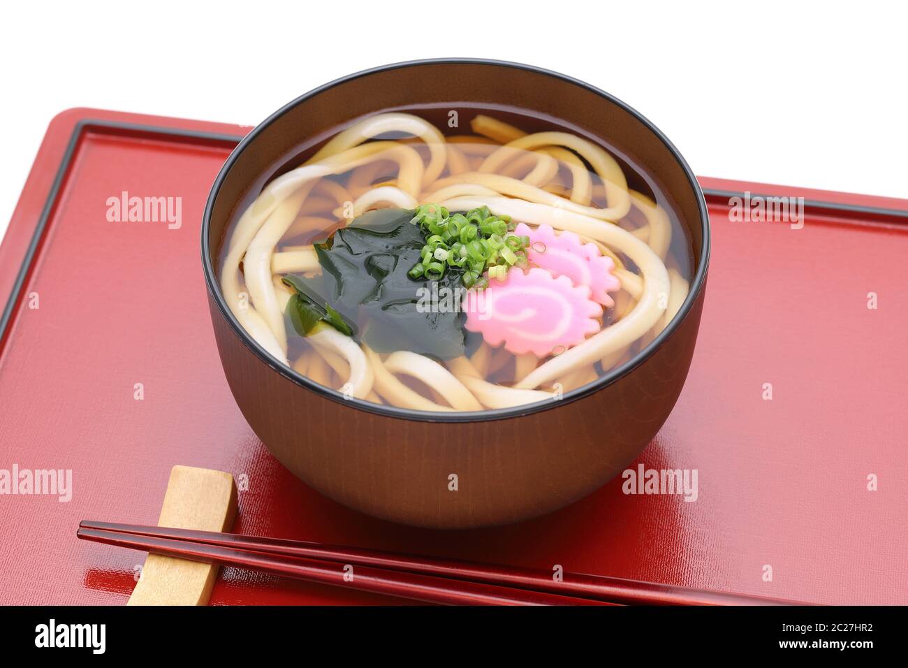 Japanese Kake udon noodles in a bowl on red tray Stock Photo