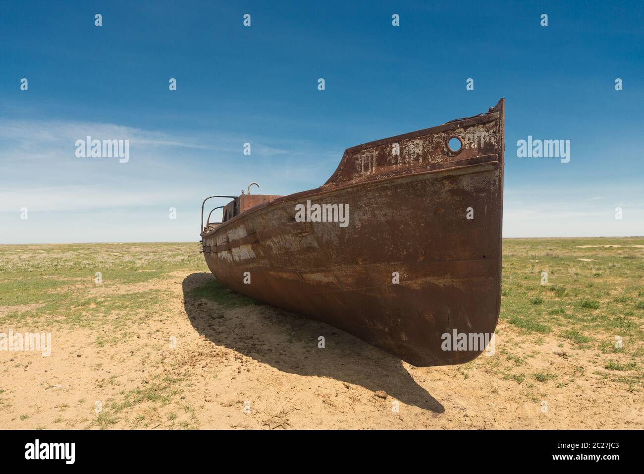 an old ship on land. at the bottom of the dried Aral sea Stock Photo