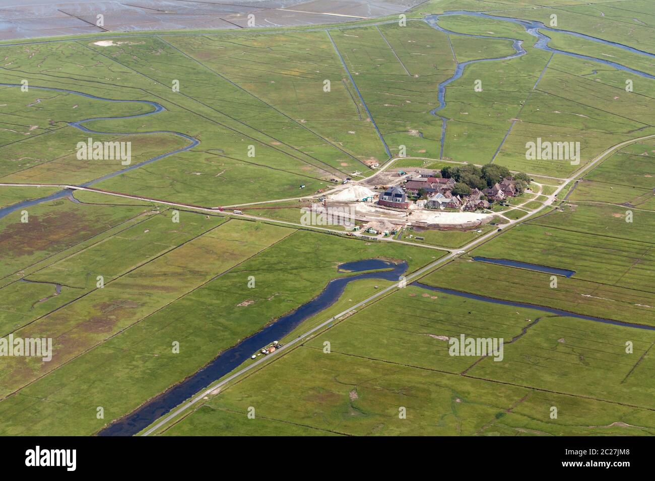 Hallig Hooge, Aerial Photo of the Schleswig-Holstein Wadden Sea National Park in Germany Stock Photo