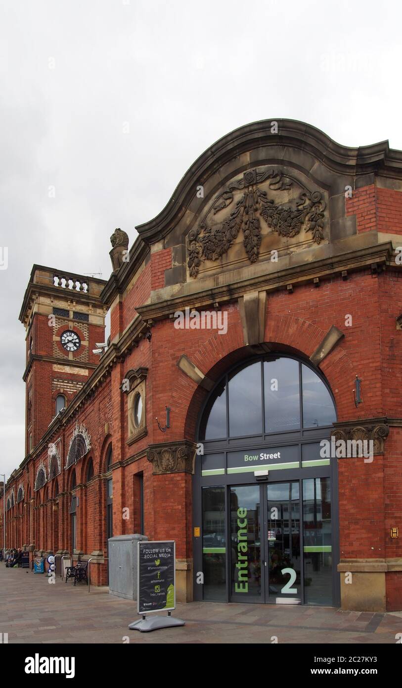 a view the entrance to of ashton historic market hall built in 1829 Stock Photo