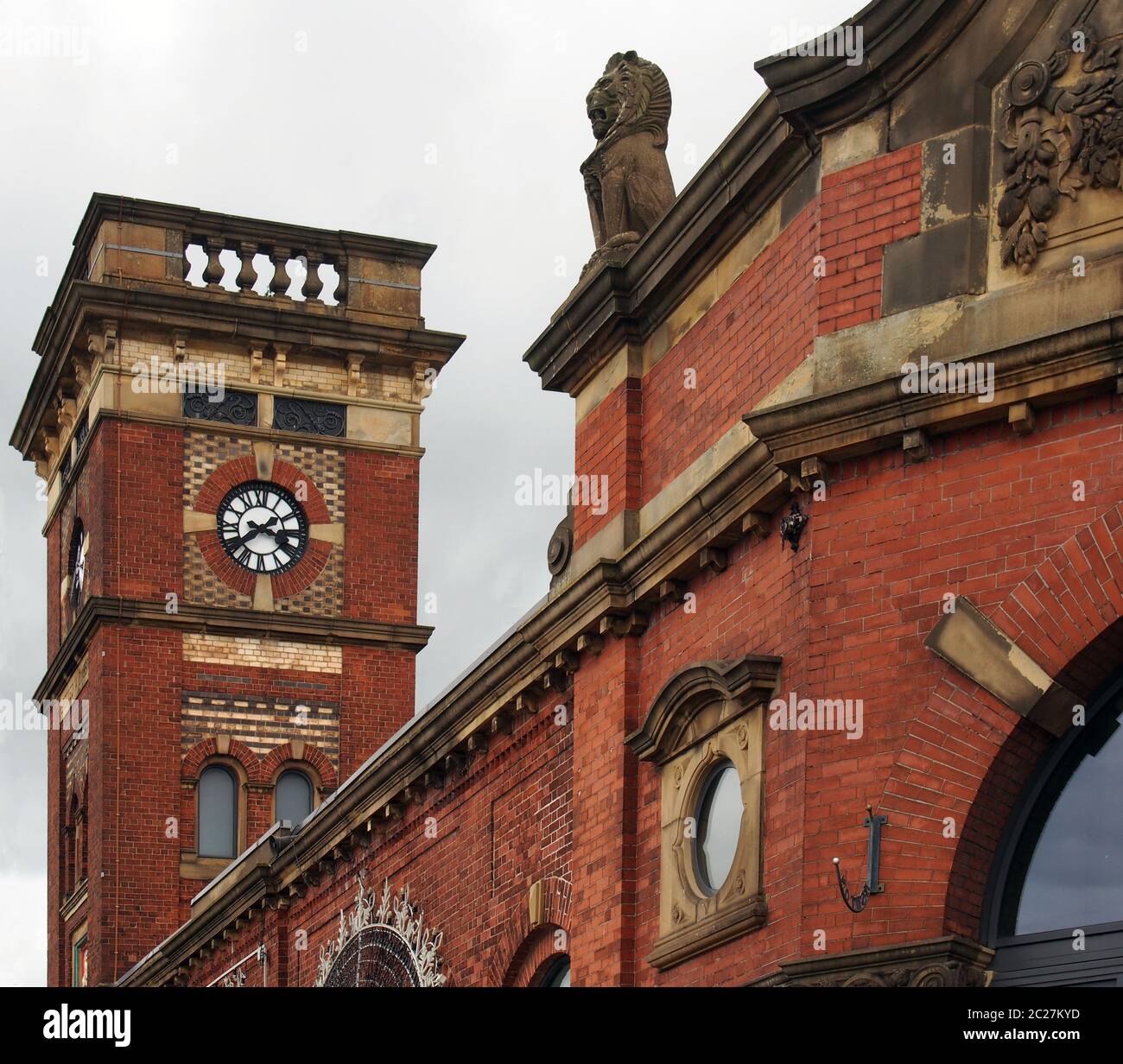 a close up view of the entrance and clock tower to the market hall in ashton under lyne built in 1829 Stock Photo