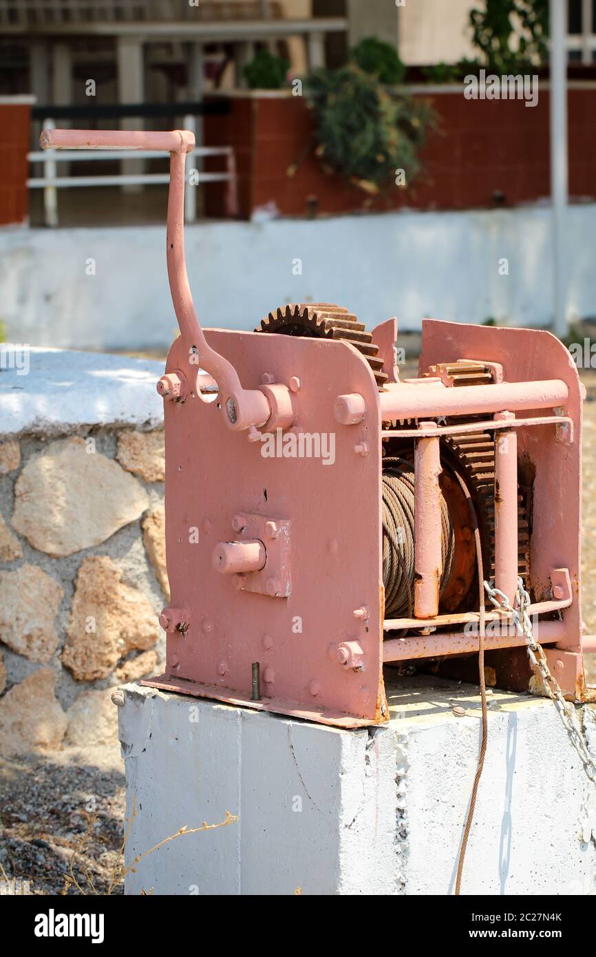 metal cable on the winch reel for transportation Stock Photo