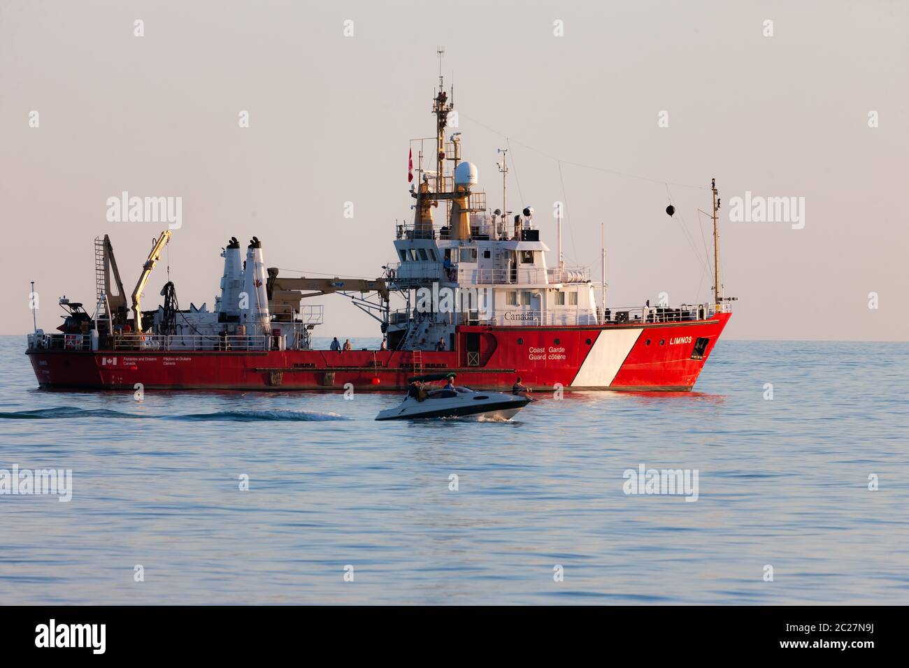 Port Stanley, Canada - June 16, 2020. The Canadian Coast Guard Ship Limnos sits anchored on Lake Erie off the beach at Port Stanley while the ship and crew conduct training exercises. Mark Spowart/Alamy Live News. Stock Photo