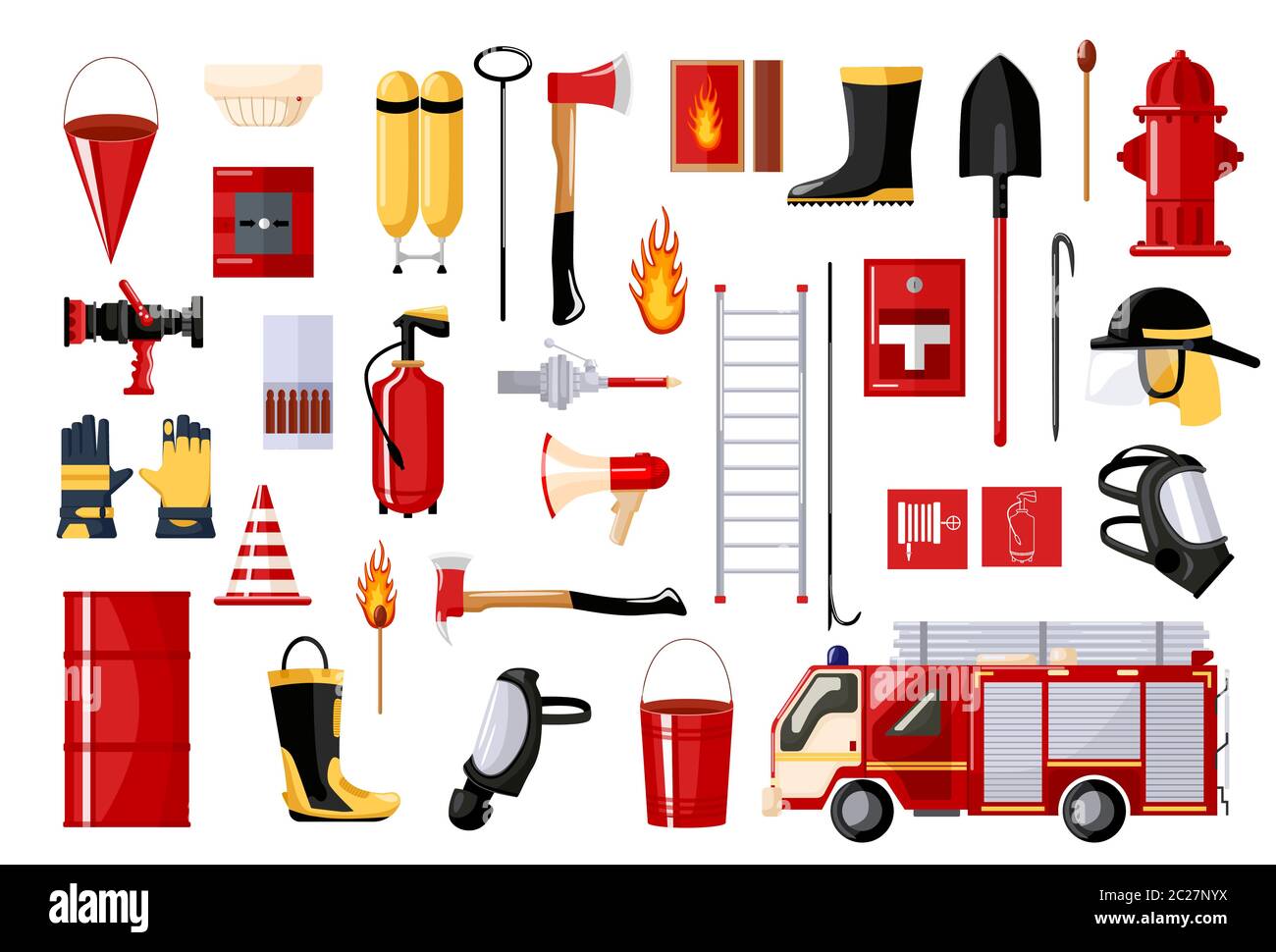 Set of fireman on white background. Fire fighting vehicle and hydrant, helmet, hose, extinguisher, ladder, gas mask. Flat style vector illustration. Stock Vector