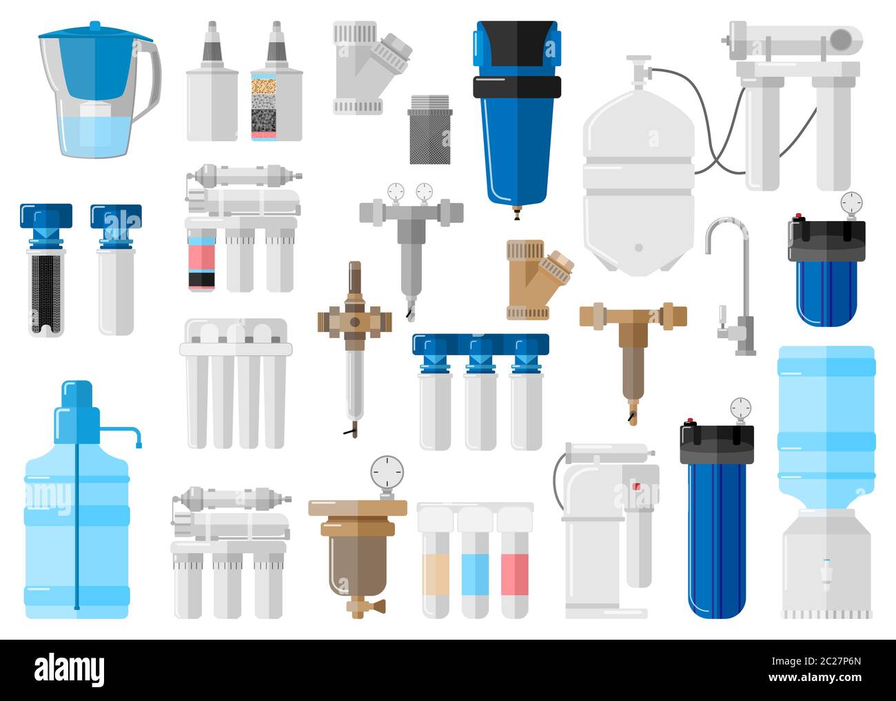 Kit water filter on white background in flat style. Set equipment for processes with special modern technologies water purification vector illustratio Stock Vector