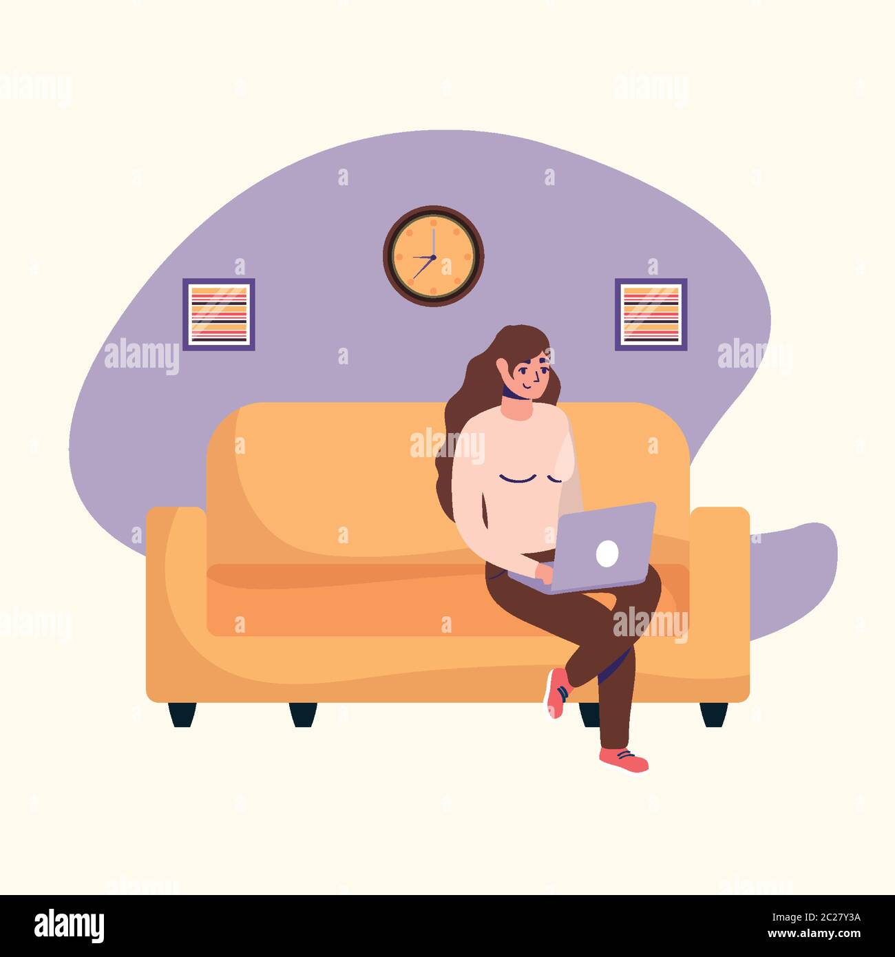 Woman with laptop on couch design of Work from home theme Vector ...