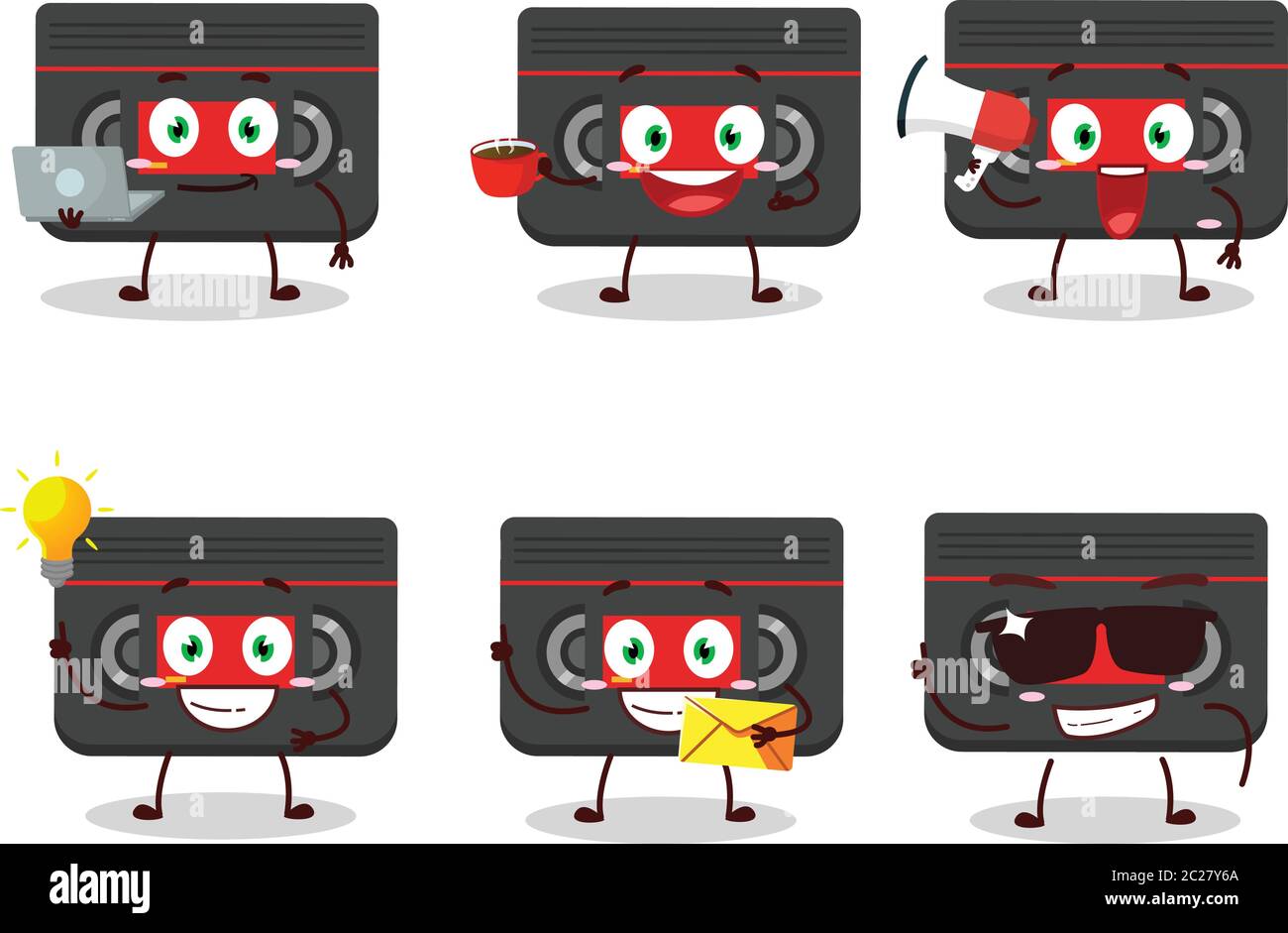 Retro cassette cartoon character with various types of business